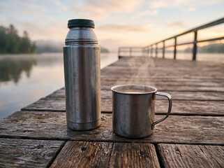 Obraz premium Silver thermos and a steaming metal mug on a wooden pier