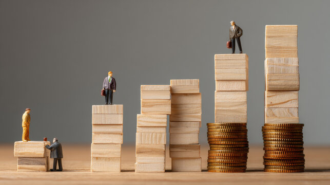 A visual representation that illustrates fee structures in the business world using wooden blocks and figures