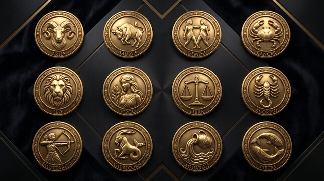 A luxurious set of twelve golden zodiac coins or medallions, each featuring a detailed 3D relief of an astrological sign, arranged on a dark geometric background