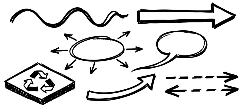 Hand drawn arrow and shape vector set &mdash; doodle sketch mind map symbols in black ink for notes and highlights