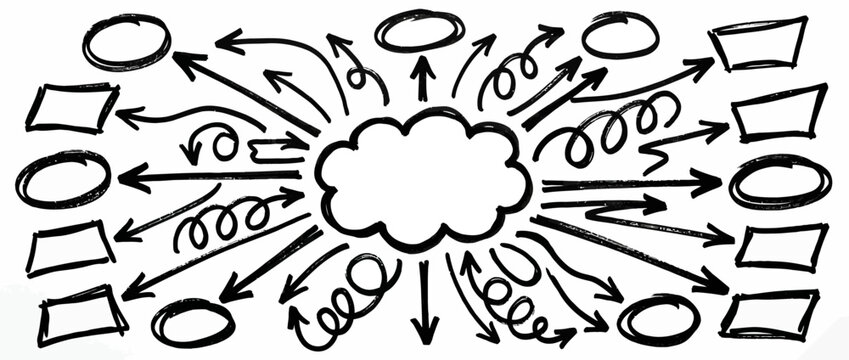 Hand drawn mind map blank template &mdash; doodle sketch central cloud and outward arrows in black ink for diagrams