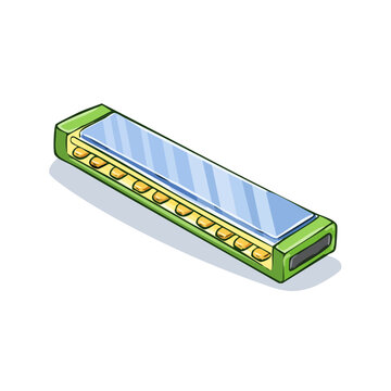 Green harmonica musical instrument with blue top and metal reeds for blues or folk music