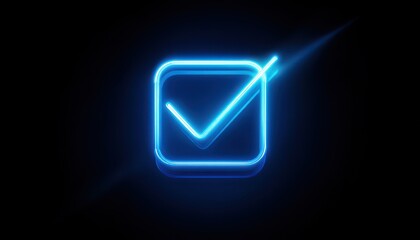 Fototapeta premium Neon blue checkmark icon glowing on black background for success and approval