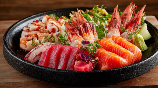 sashimi,salmon sashimi , tuna sashimi, crab sticks,squid sashimi and Tamako Sashimi, Sweet Egg served on traditional Japanese food in dish or black bowl - Image
