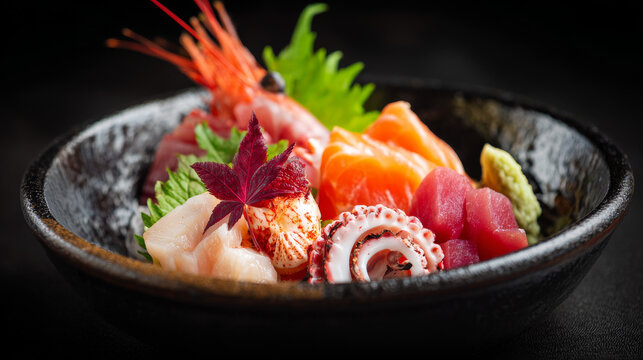 sashimi,salmon sashimi , tuna sashimi, crab sticks,squid sashimi and Tamako Sashimi, Sweet Egg served on traditional Japanese food in dish or black bowl - Image