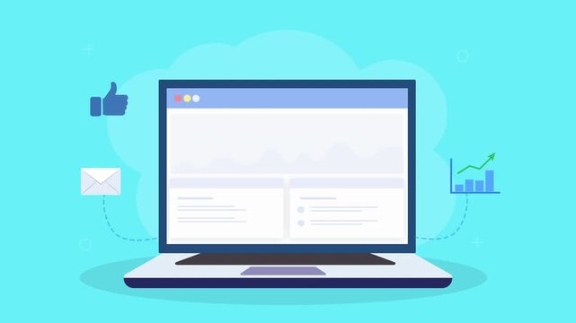 Animated laptop displaying social feedback dashboard with like icon, email message, and data analytics elements in clean flat design on teal background.
