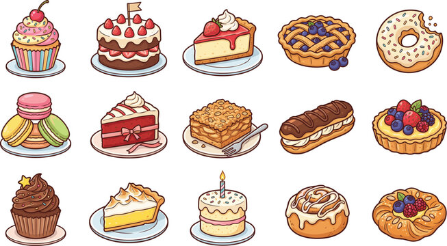 Collection of delicious sweet desserts and bakery items including cakes, pies and pastries, flat vector illustration icons