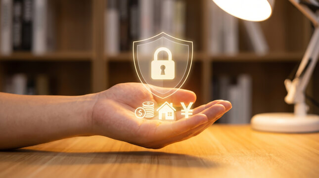 Financial risk management and investment insurance concept with hand holding digital shield lock icons for business strategy analysis property protection and wealth security planning at home.