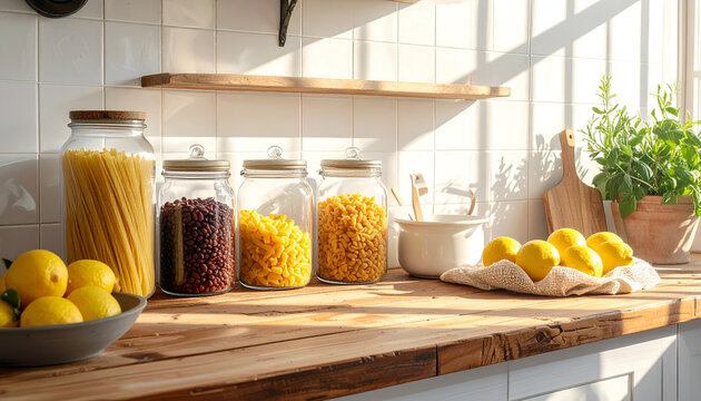 Sunlight streams into a bright kitchen, illuminating jars filled with pasta, beans, and grains arranged on a wooden countertop alongside fresh lemons and herbs.