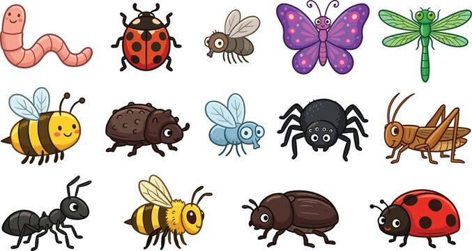 Cute cartoon insect collection with butterfly ladybug bee and spider vector illustrations for kids education