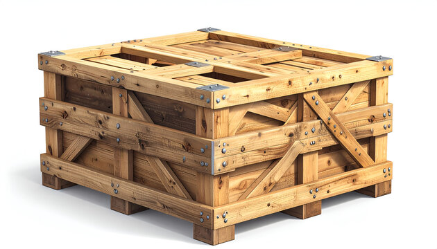 A sturdy wooden crate, reinforced with metal brackets and straps, sits isolated against a clean white background, suggesting secure storage or transportation.