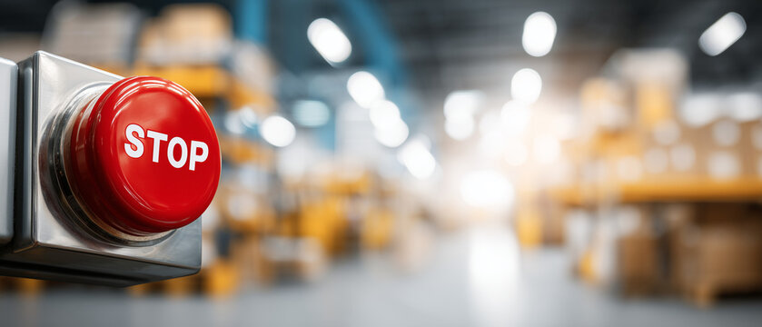 Red stop button in a warehouse with blurred background and packages  