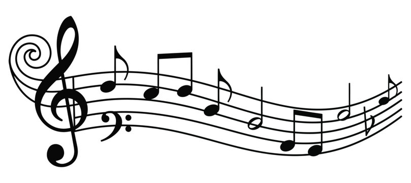Musical staff with treble and bass clefs and a series of musical notes, a visual representation of music and sound