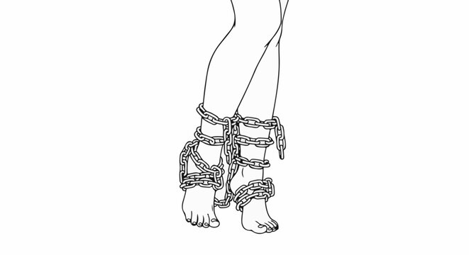 Bare feet bound by heavy metal chains, symbolizing restriction