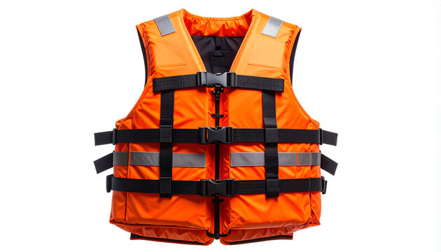 A bright orange life jacket with reflective stripes and black straps is displayed against a clean white background, emphasizing its safety features and design.