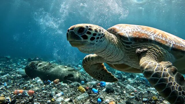 Sea turtle swimming over plastic pollution on the ocean floor