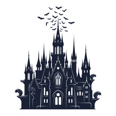 Obraz premium Gothic Castle Silhouette with Bats Flying - Spooky Halloween Icon