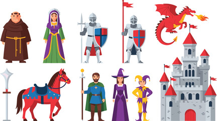 Fototapeta premium Medieval Fantasy Characters and Castle Set with Knight Dragon Wizard Jester Royal Figures Horse and Fortress Cartoon Vector Illustration Collection.