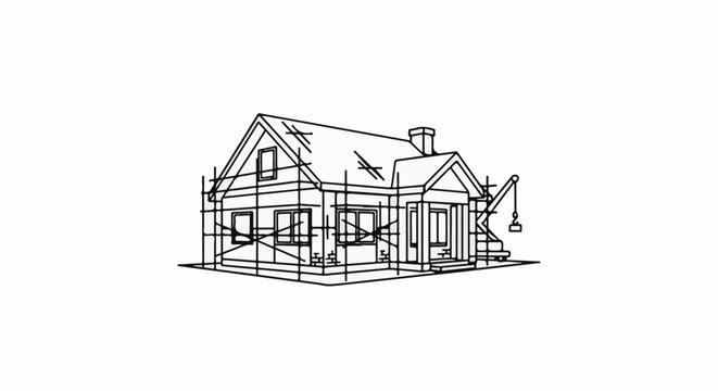 A house construction blueprint shows a framed building with scaffolding and a crane