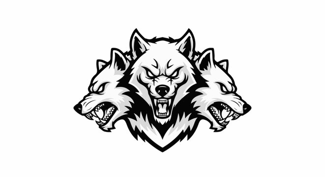 A fierce black and white illustration of a three-headed wolf snarling