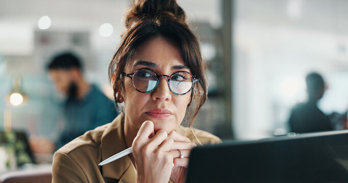Laptop, idea and business woman at work for compliance review, problem solving or think of project. Computer, mature person or advisor in office for insight, risk management or policy planning