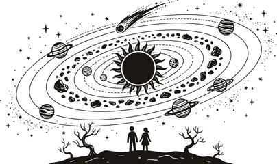 Solar System Orbit Illustration with Planets and Stars © AbuHuraira