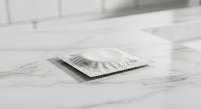 Unopened condom wrapper on marble surface, safe sex concept in modern bathroom, white foil condom packaging for birth control and protection
