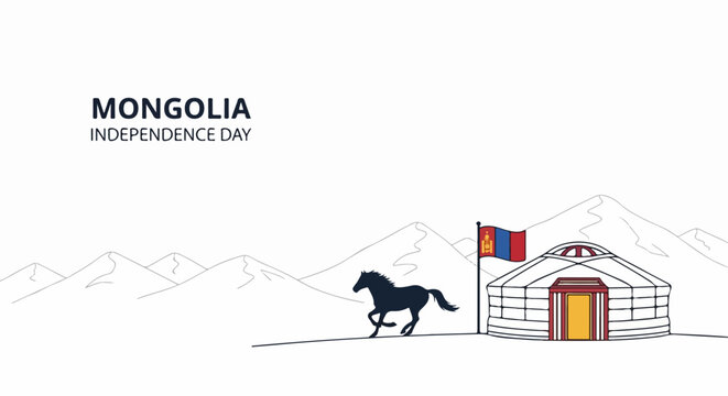 Mongolia Independence Day celebration with traditional yurt and horse, national flag waving proudly. Festive Mongolia Independence Day concept for patriotic events.