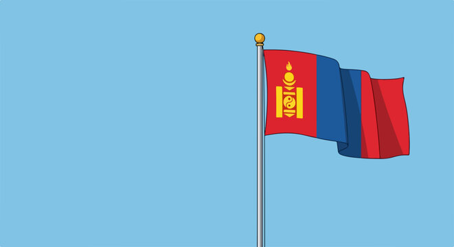 Mongolian flag waving on flagpole against clear blue sky, national symbol of Mongolia. Mongolian flag represents countrys heritage and pride. Concept for national holidays and patriotism.