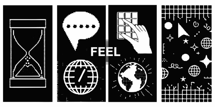 Four vertical panels display contrasting black and white graphic elements