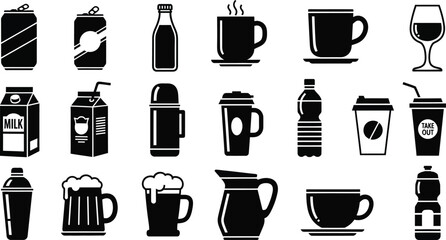 Obraz premium Black and white of various drink containers and glasses drink beverage symbols black and white milk carton