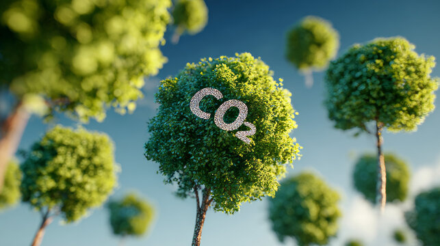 Reduce CO2 emissions to limit climate change and global warming. Tree canopy against oxygen O2 and carbon dioxide CO2 molecules.net zero.Carbon dioxide absorption and oxygen release concept