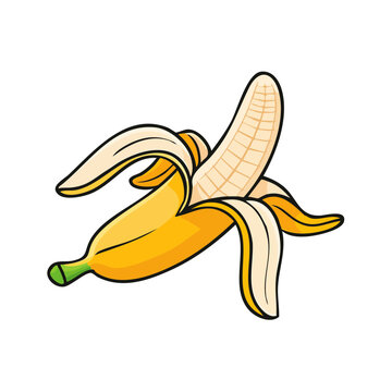 A vibrant cartoon illustration of a partially peeled ripe yellow banana with its skin peeling back revealing the fruit inside.