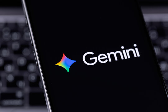 Google Gemini logo mobile app on a screen smartphone iPhone closeup. Gemini is an AI assistant from Google. Batumi, Georgia - March 20, 2026