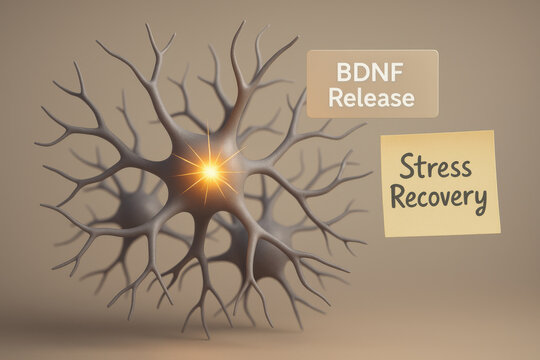Hopeful neuron cluster shows BDNF release for stress recovery. modern mental health visual with golden spark representing brain cell healing on muted beige background