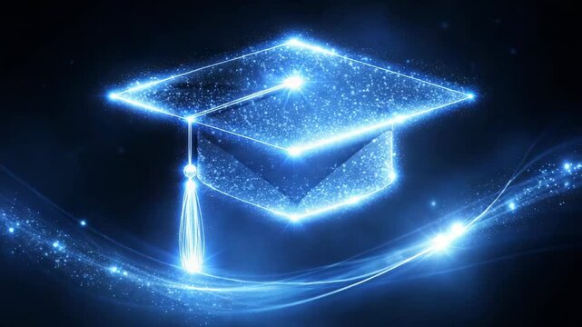 Glowing graduation cap made of light representing education success knowledge and digital future concept
