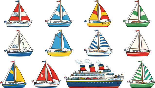 Sailing Boats and Cruise Ship Vector Illustration Set with Colorful Yacht Designs and Ocean Liner Transport