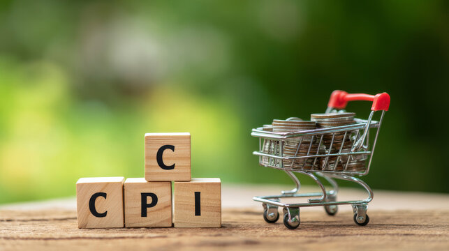 CPI, Consumer Price Index Concept Wooden blocks with the word CPI on a stack of coins. A small shopping cart on a natural green background, commodity price inflation and rising inflation.