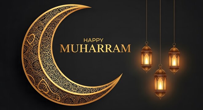 Elegant muharram crescent moon and lanterns a celebration of islamic new year
