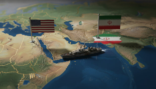 a detailed geopolitical map of the Middle East laid on a dark surface, with the flags of the United States and Iran prominently placed over their respective regions. 