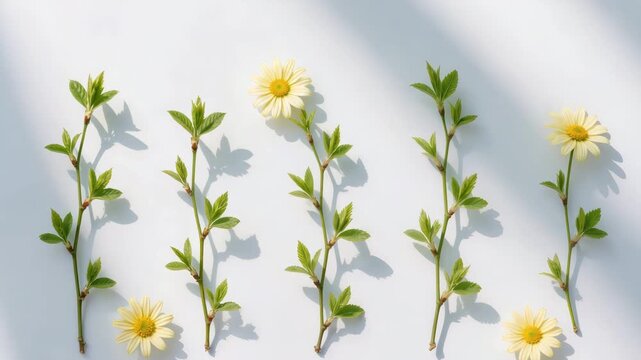 Delicate green stems with fresh leaves and yellow flowers arranged in minimal pattern, casting soft shadows on white background, expressing calm botanical design concept.