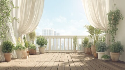 Obraz premium Sunlit balcony with lush potted plants and flowing curtains overlooking city skyline serene home space