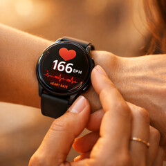 Fototapeta premium Woman checks heart rate on fitness watch during outdoor exercise