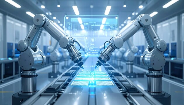 "Futuristic robotic arms assembling glowing microchips on a conveyor belt with holographic interface."