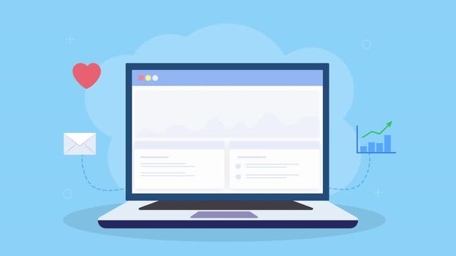 Animated laptop displaying customer engagement dashboard with email, like notification, and data analytics elements in clean flat design on blue background.
