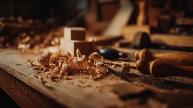 shavings. Rustic woodworking tools arranged on wooden surface with natural textures and warm workshop lighting. safety posters.
