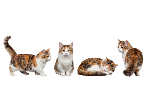 Collection of four adorable calico domestic cats in various natural poses.