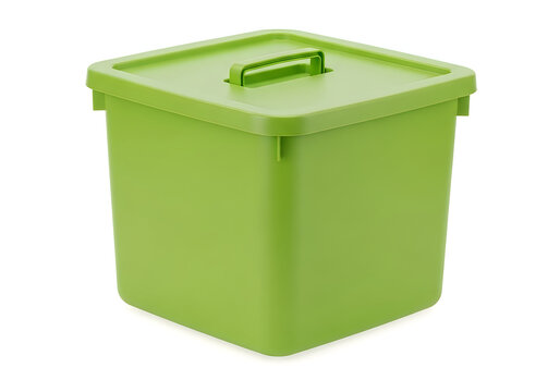 Large green plastic storage bin with lid and handle for organizational use