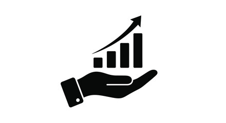 Fototapeta premium Minimalist vector graphic illustration featuring a human hand holding a business growth bar chart with an upward trend arrow representing financial progress and economic success today