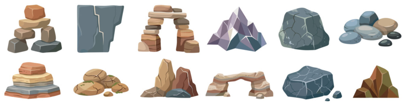 colorful rock and stone icons set with boulders, cliffs and natural formations, flat vector illustration isolated on transparent background